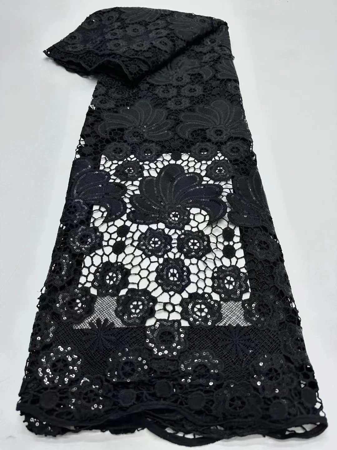 Black Guipure African Lace Fabric 5 Yards for Wedding Dress 2023 High Quality Sequins Swiss Voile Milk Slik French Lace Sewing