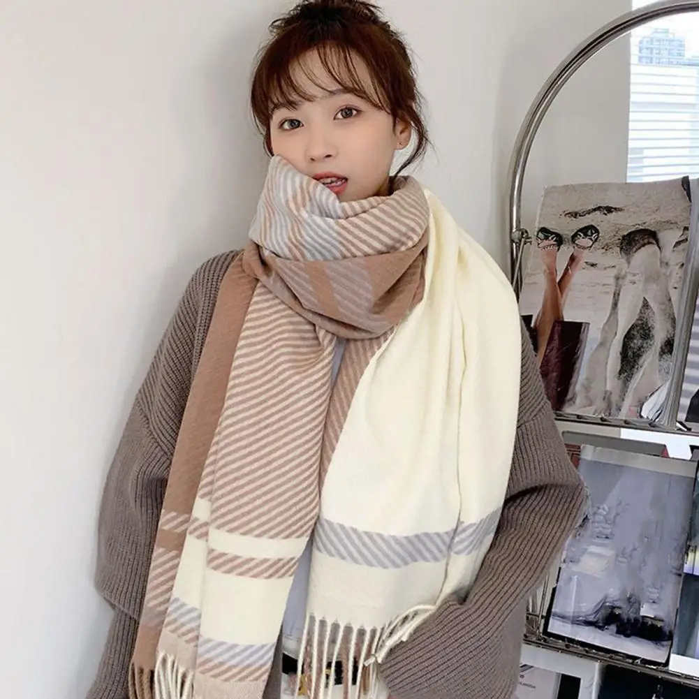 Bufanda cálida con borlas para mujer, bufanda elegante de invierno, Diseño a rayas, detalles de borlas, envoltura de cuello ligera y cálida para clima frío