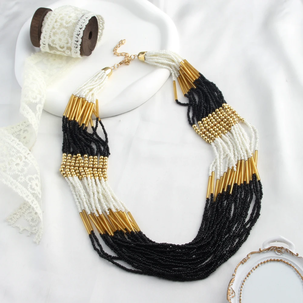 البوهيمي العرقية اليدوية متعدد الطبقات الزجاج الأرز عقد من اللؤلؤ مزيج اللون متعدد حبلا بيان قلادة البذور الخرز قلادة #4