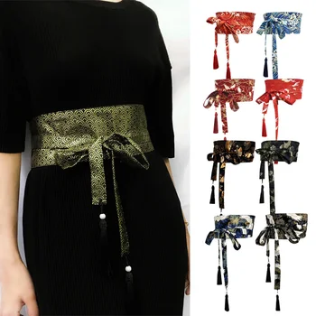 Cinturón tipo kimono tradicional japonés para mujer, corsé con borlas, cinturón ancho con patrón de onda azul, grue Yukata Haori Obi, cinturones asiáticos