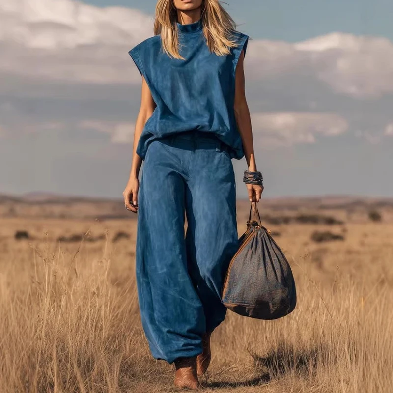 

Simple Solid Holiday 2 Piece Set Casual Loose Outdoor Outfit Women Stand Collar Short Sleeved Top and Wide Leg Pants Summer Suit