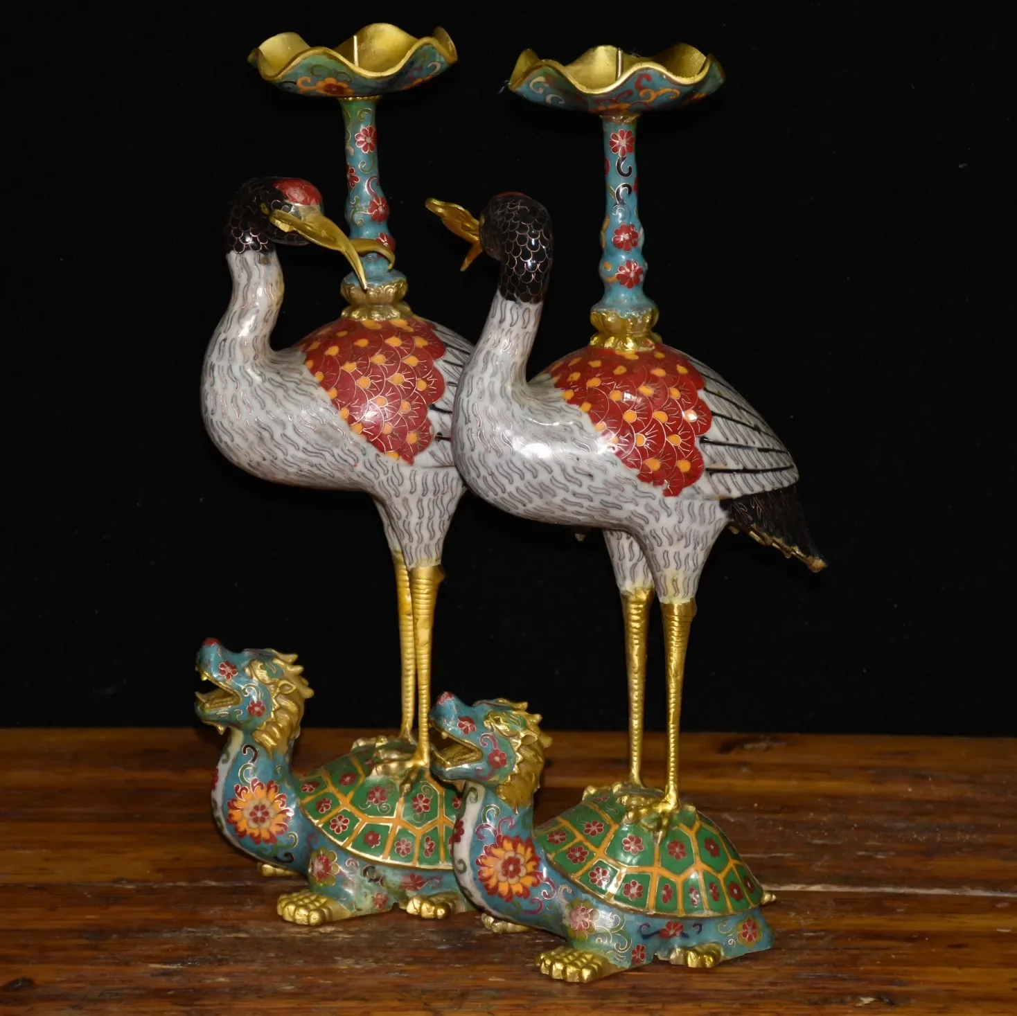 

20"Tibetan Temple Collection Old Bronze Cloisonne Enamel Red-Crowned Crane Longevity Candlestick A pair Worship Hall Town House