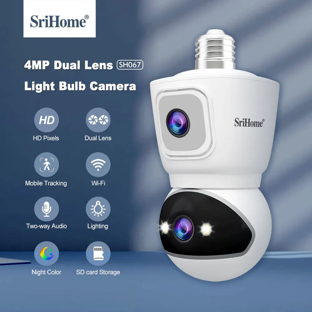 Srihome-cámara inteligente con bombilla de 4MP, Wifi, lente Dual, pantalla Dual, seguimiento automático, Audio bidireccional, visión nocturna en Color, cámaras de seguridad para exteriores