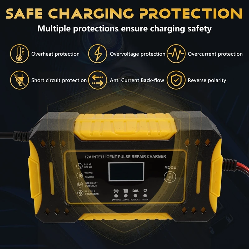 Car Battery Charger 12V 6A Pulse Repair Fast Power Charging Wet Dry Lead Digital LCD Display Car Accesorries EU Plug