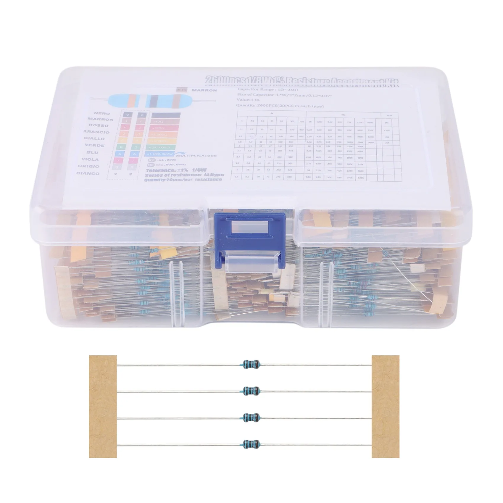 2600Pcs 130 Values 1/8W 0.125W 1% Metal Film Resistors Assorted Pack Set Resistors Assortment Kits Fixed