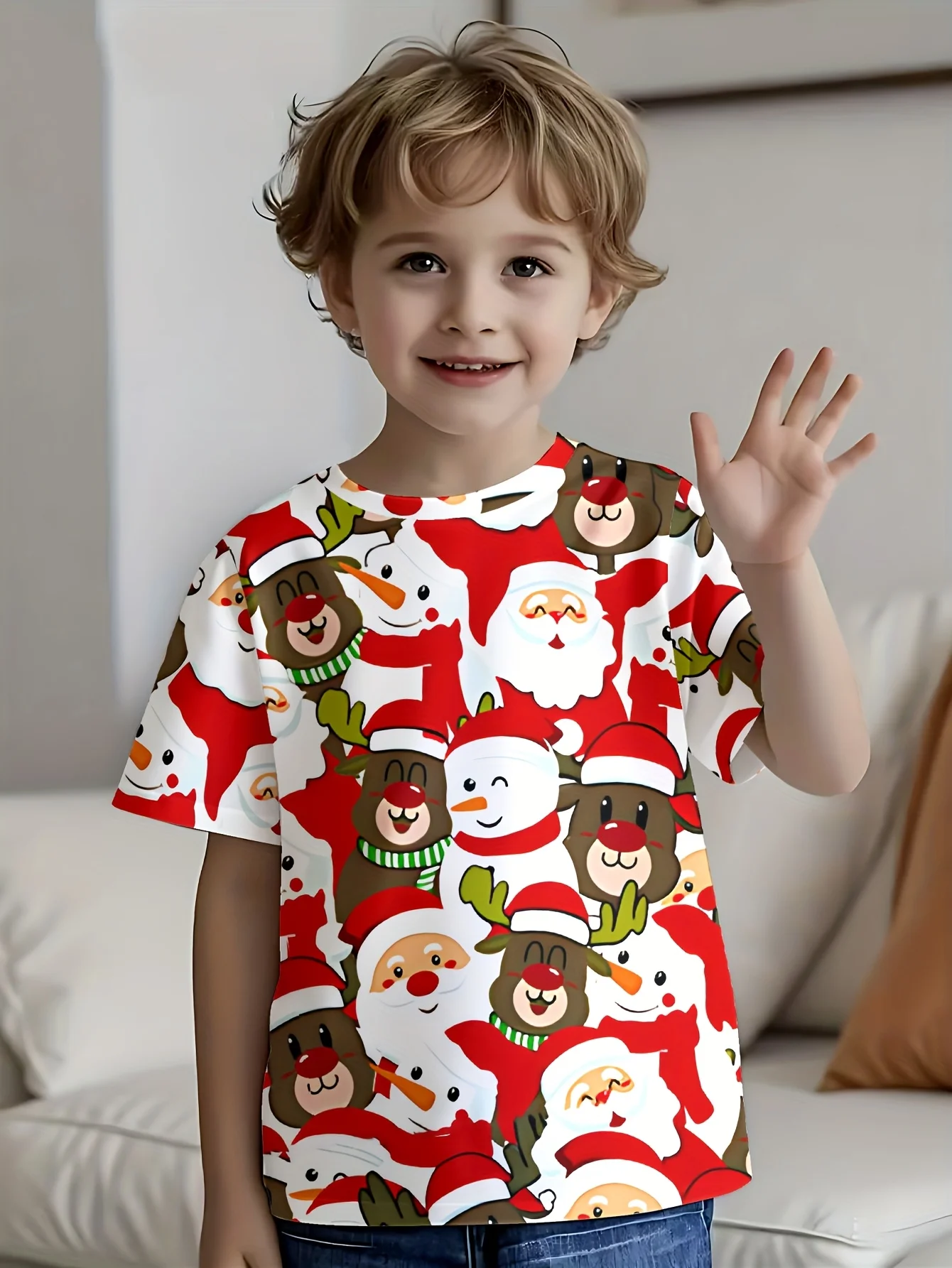 Boys Christmas Graphic T Shirt, Cute Santa Claus Reindeer Snowman All Over Print, Short Sleeve Crew Neck Holiday Casual Tee