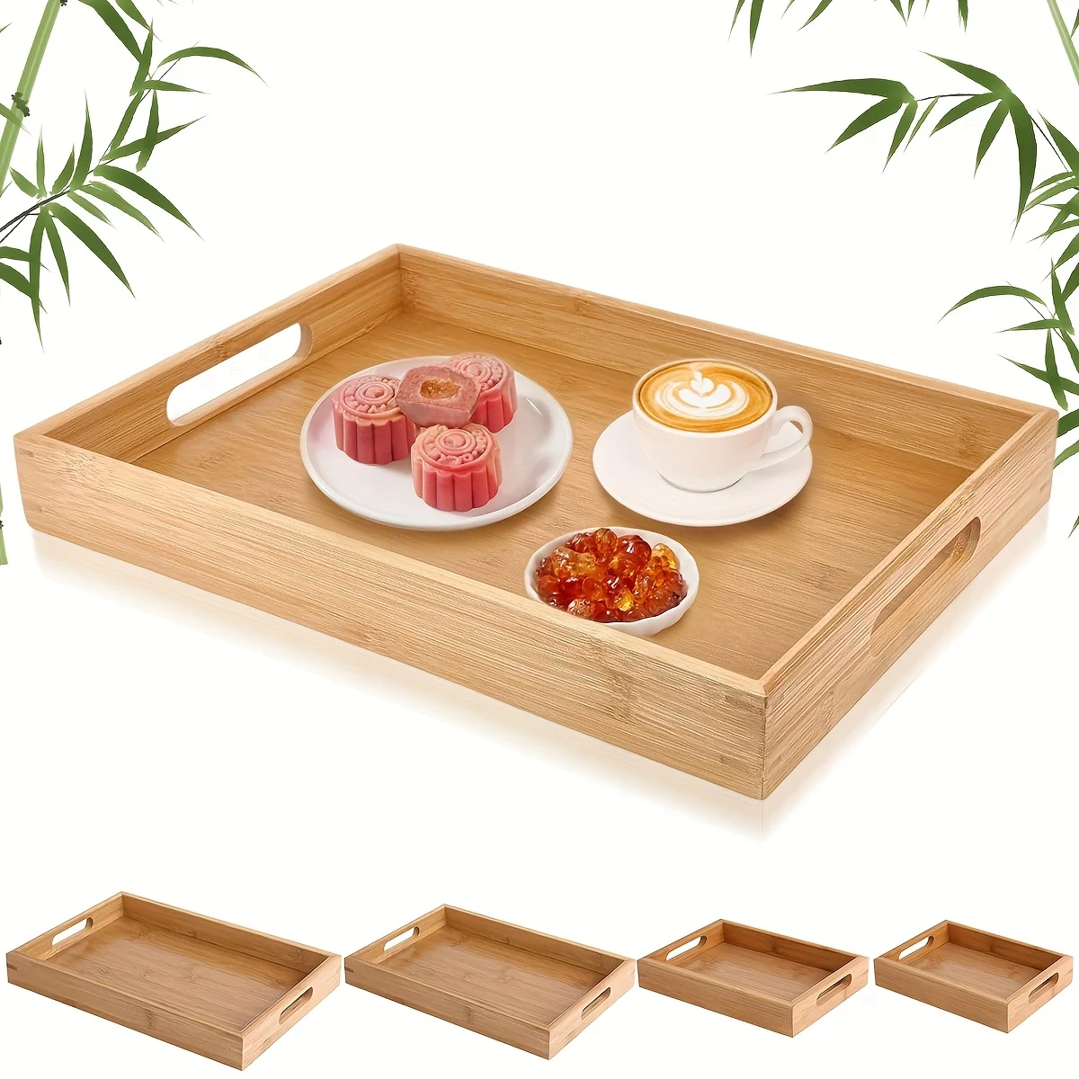 

F5 Bamboo Serving Tray with Handle Tabletop Countertop Tea Coffee Breakfast Tray Organizer Storage Container for Kitchen Bedroom