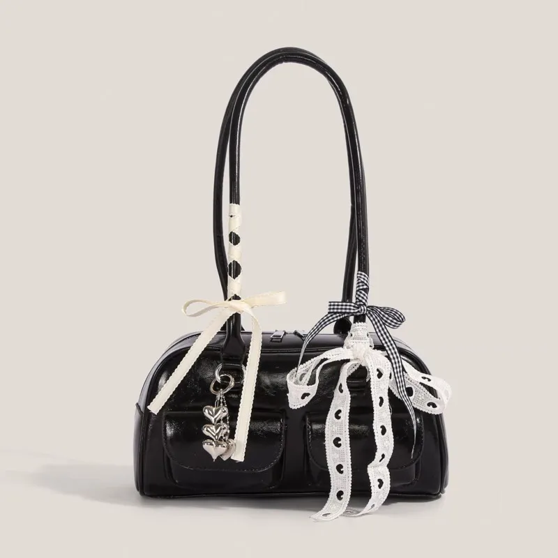 

Lace Bow Black Korean Bowling Handbag Double Pocket Retro Shoulder Bag Commuter Underarm Bag Heart Pendant Trend Bags For Women