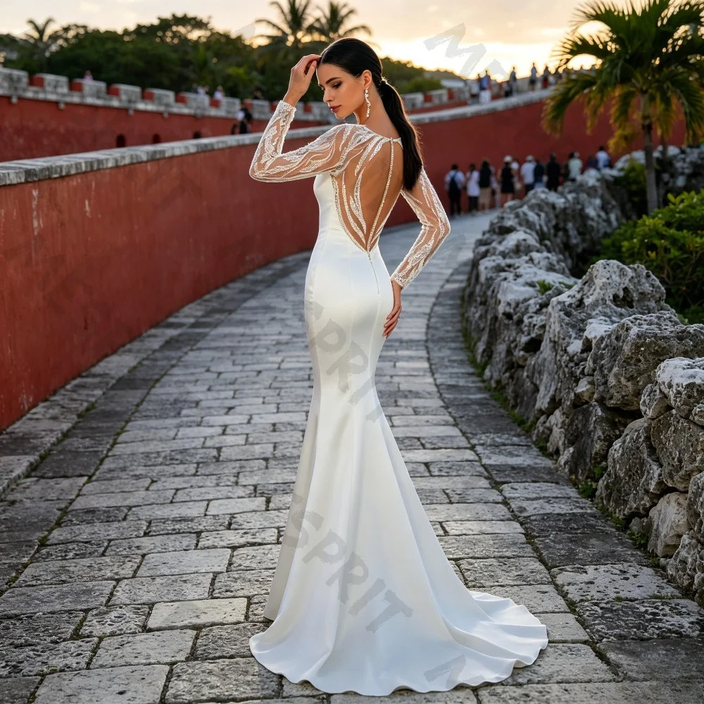 Customized Chic Mermaid Wedding Dress Round Neck Long Sleeve Sweep Train Rhinestone Beaded Illusion Back Matte Satin Bridal Gown