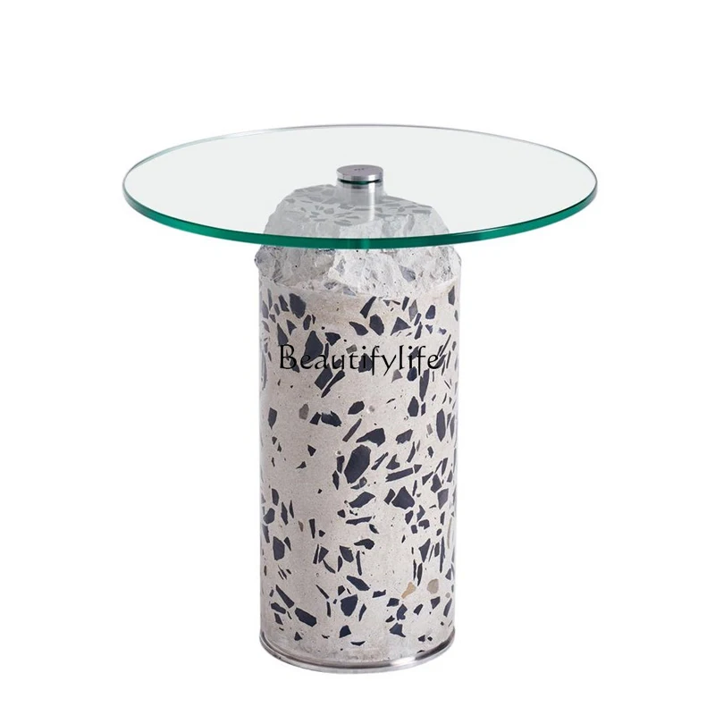 Nordic Minimalism Terrazzo Side Table Bedroom Light Luxury Bedside round Tempered Glass Corner Table