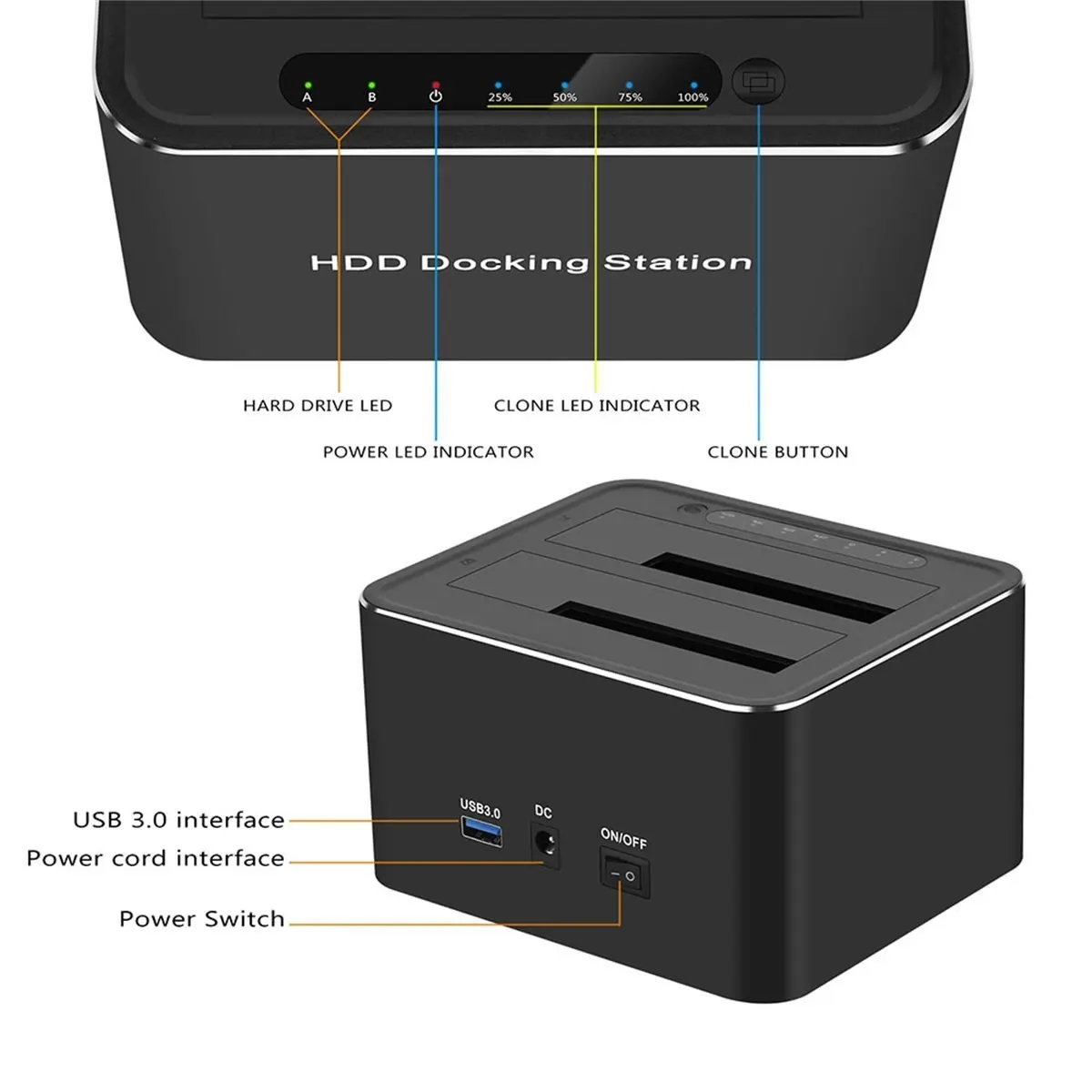 Stable- USB3.0 to SATA Dual-Bay Docking Station for 2.5/3.5 Inch HDD/SSD Hard Drive Enclosure Offline Cloning Dock EU Plug