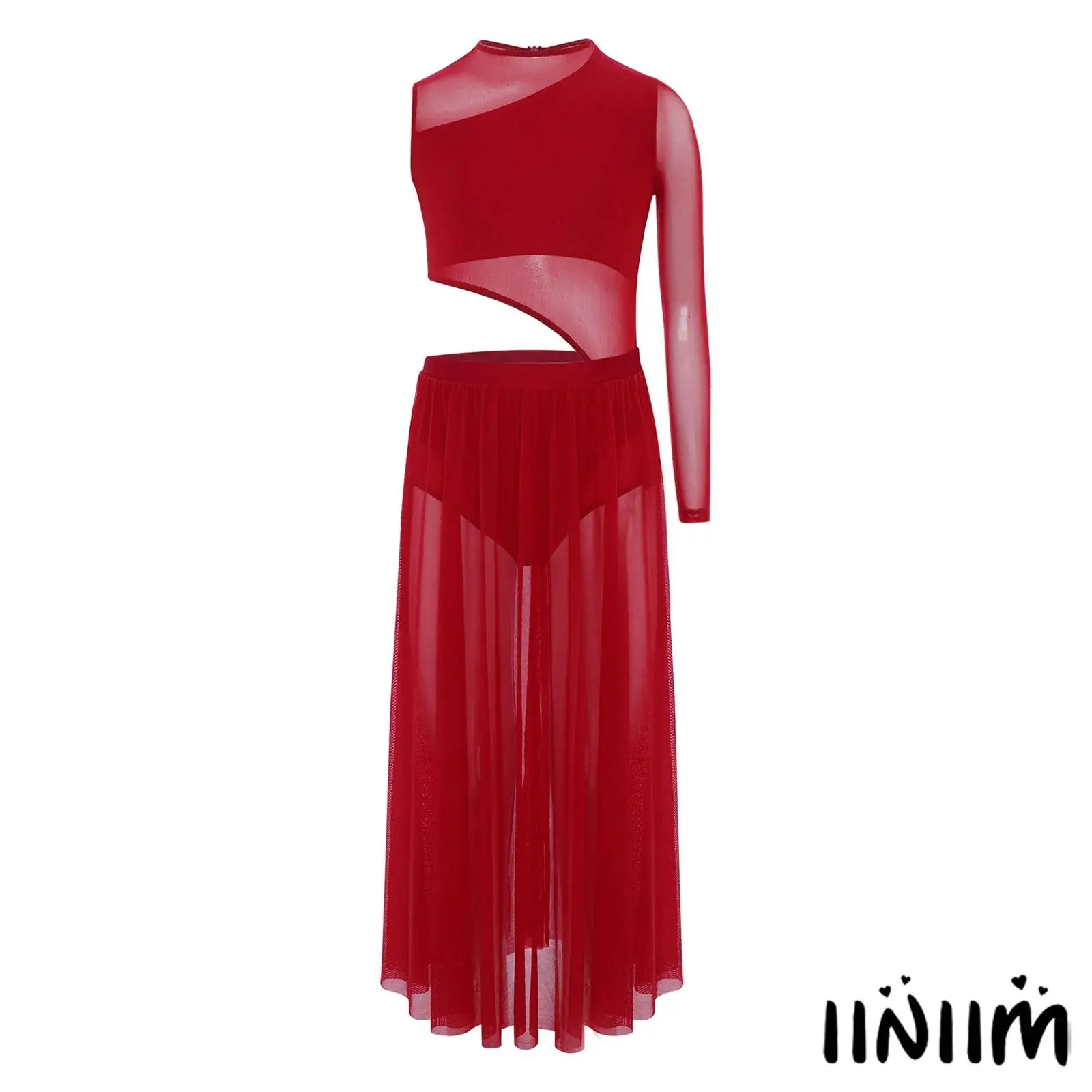 

Kids Girls Modern Lyrical Ballet Dance Costume Round Neck Cutout Patchwork Sides Split Sheer Mesh Asymmetrical Dress Dancewear