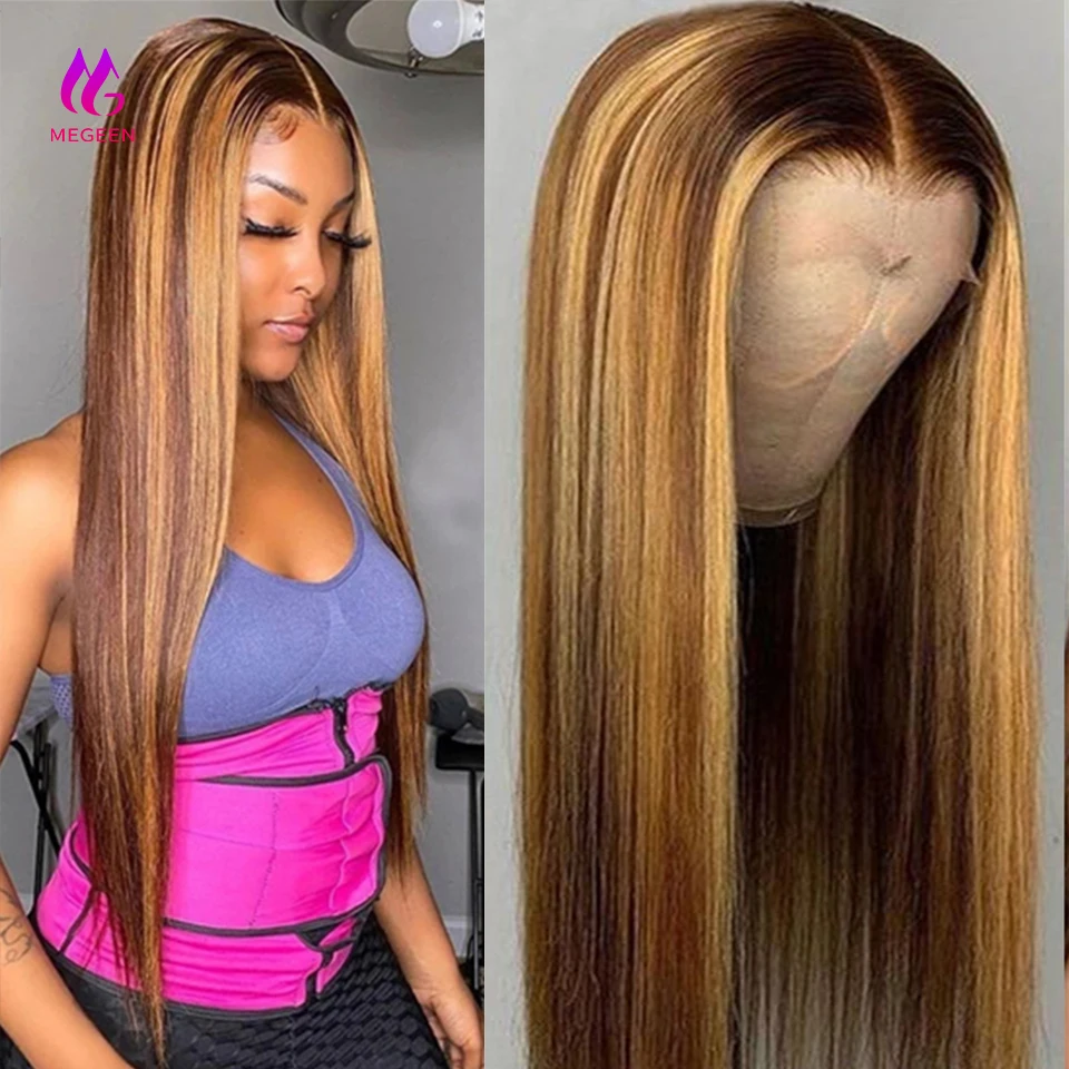 Megeen P427 Colored Straight 13X4 Lace Front Wig Human Hair Pre Plucked Honey Blonde Lace Front Wig  100% Human Hair Highlight