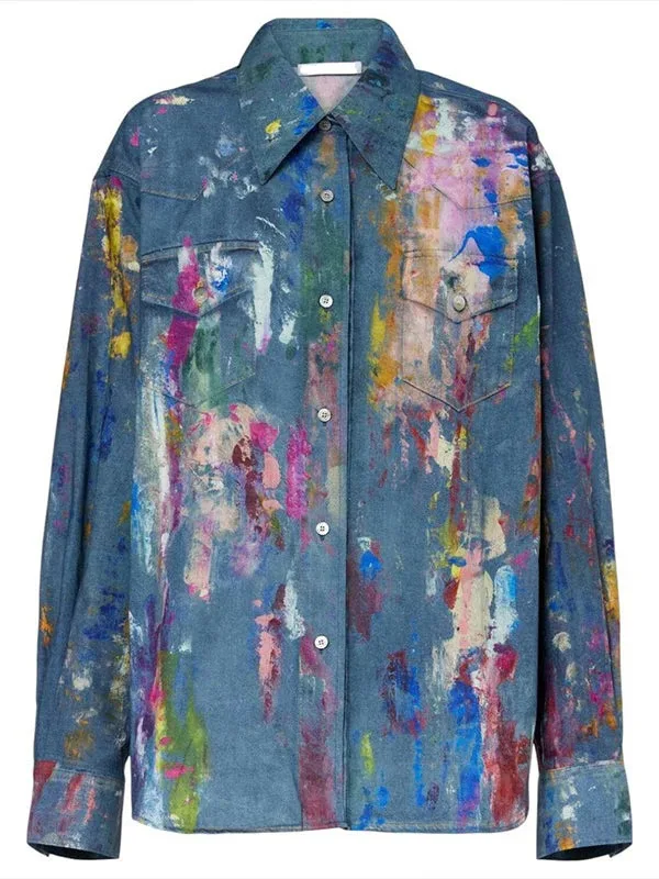 

Women Shirt Print Blouses Pocket Turn Down Collar Single Breasted Long Sleeves Slight Strech Loose Casual Streetwear 2026 Autumn