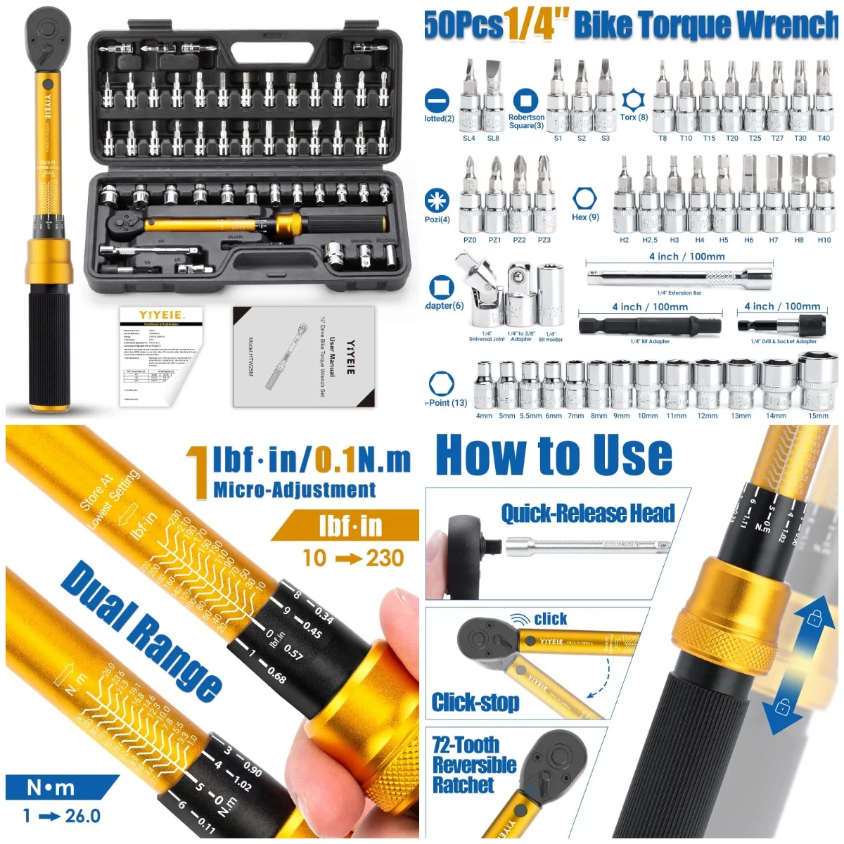 

Набор динамометрических ключей для велосипеда, 50 шт., привод 1/4 дюйма, фунт 10–230 дюйма, тип щелчка с головками и адаптером