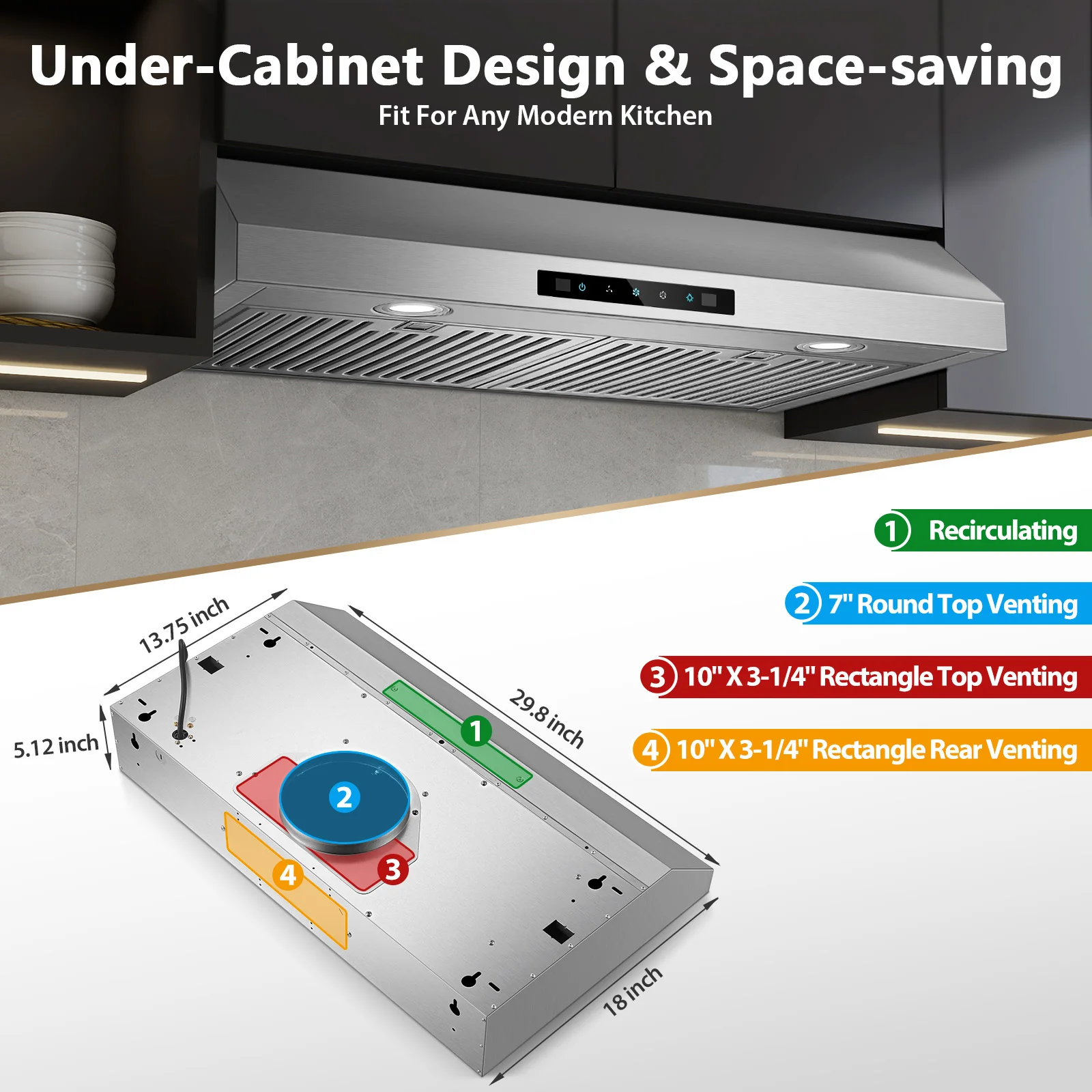Range Hood 30 Inch Under Cabinet, 800 Stainless Steel Range Hood with Gesture and Touch Control,3 Fan Speed