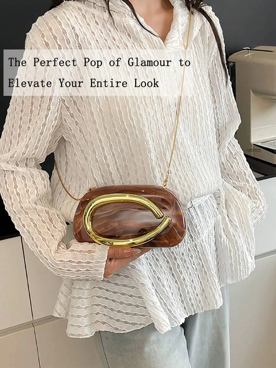 

Tortoiseshell Acrylic Clutch With Gold Handle, Elegant Evening Bag For Weddings, Proms, And Cocktail Parties