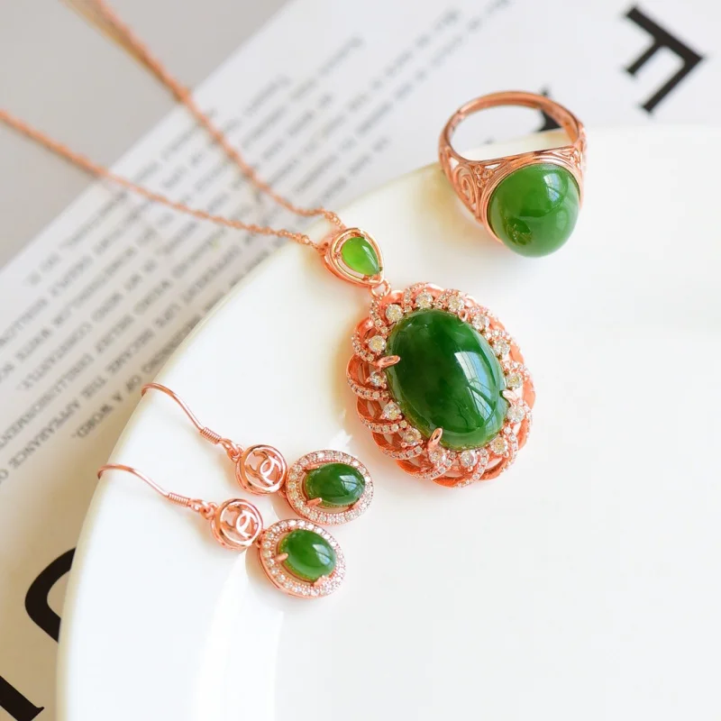 Hetian Jade Jasper Oval Cabochon Pendant Earrings Ring S925 Silver Rose Gold Women'S Three-Piece Set