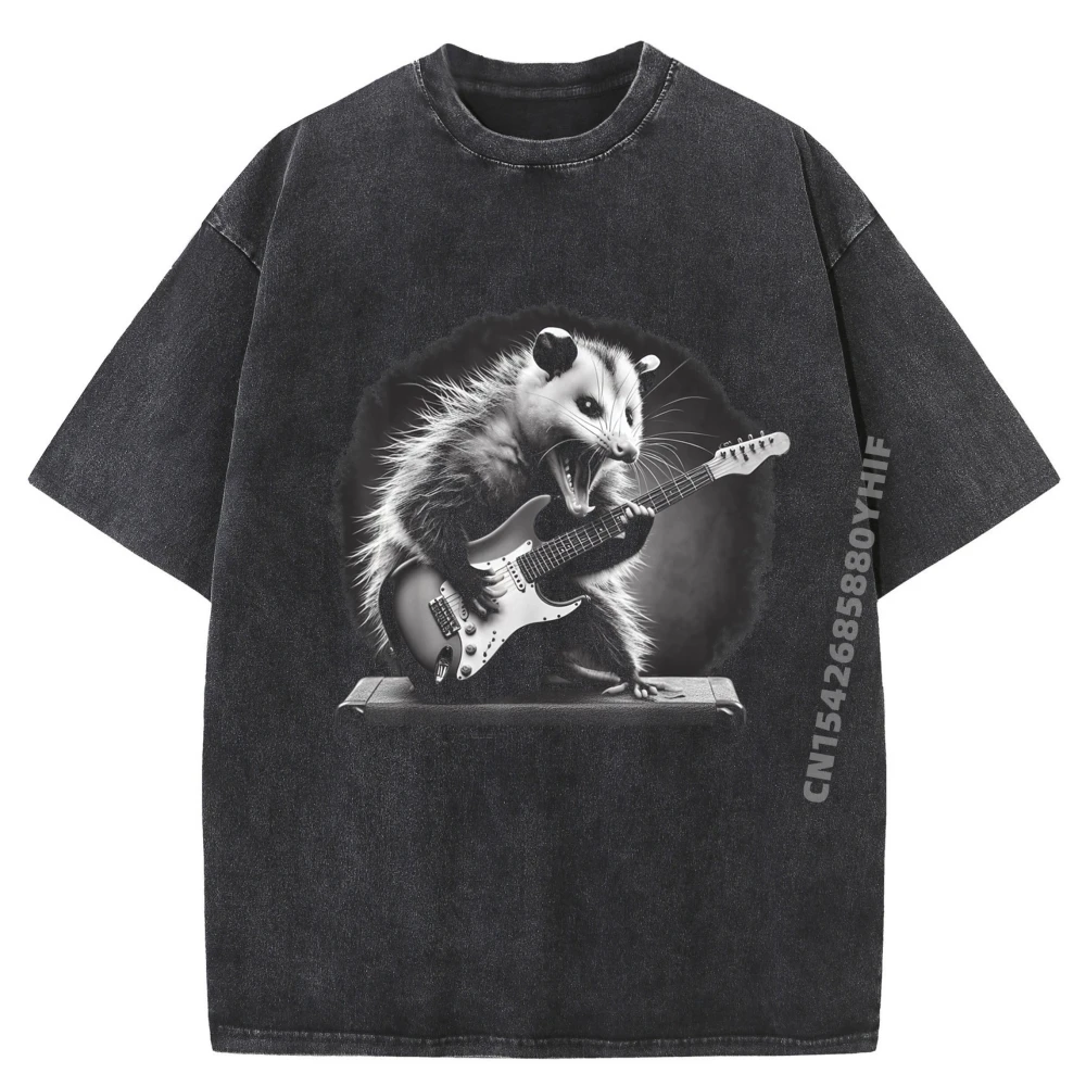 

Opossum Playing Guitar Rock Star Tshirts Gift Idea Graphic Tees Mnes Leisure Washed Tee-Shirt Funny Printed Tops