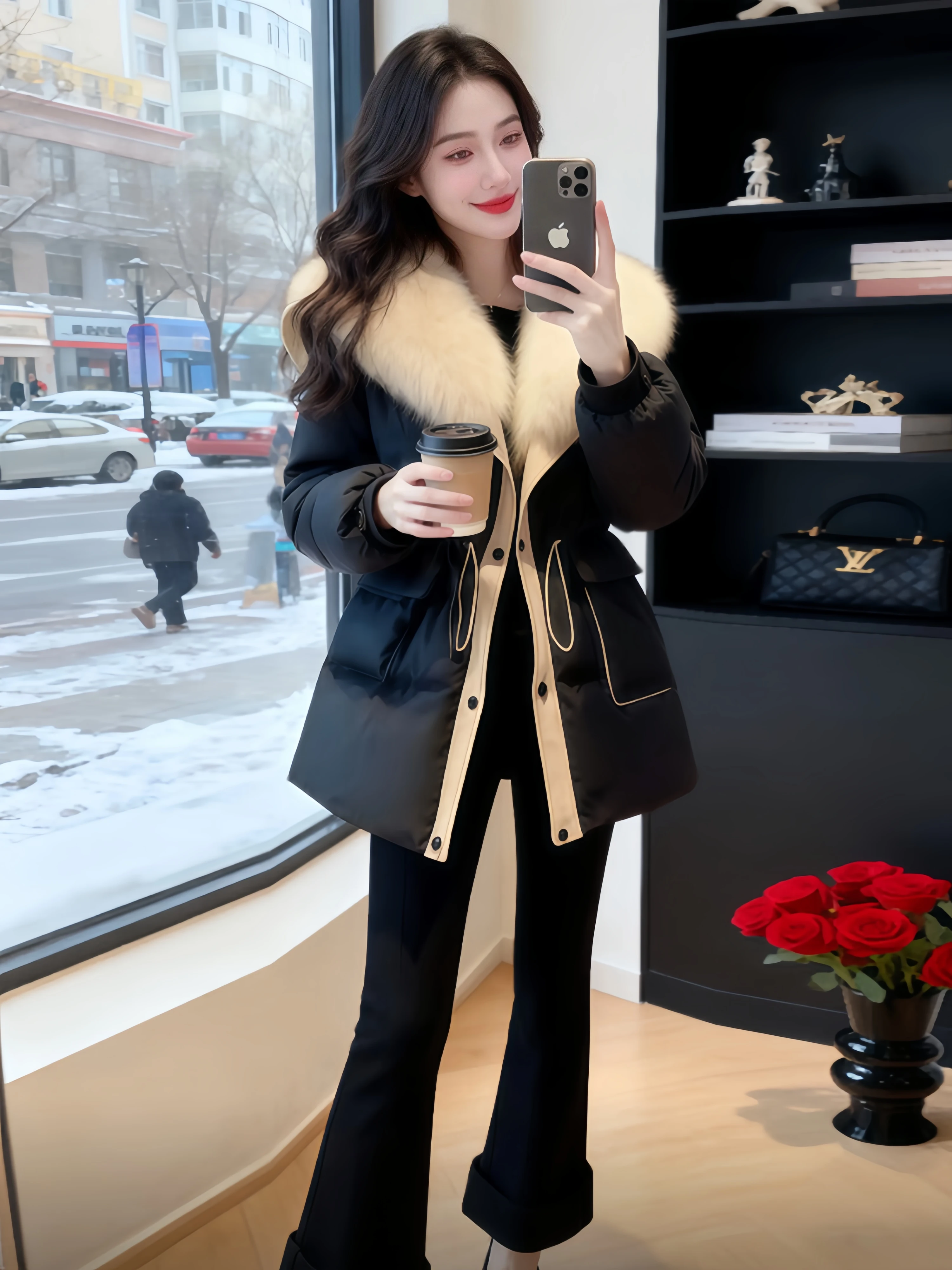 Slimming Thickened Cotton Jacket Women's Winter Warm Fur Collar Color Block Waist Cinched Outerwear Fashionable Street Style