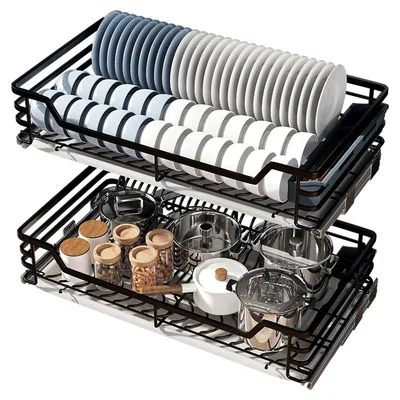 

Stainless Steel Slide Out Double Rack Kitchen Chrome Cabinets Drawer Basket Kitchen Pull Out Cabinets Organizer Tray