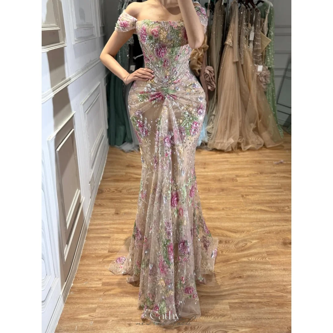 Cathy Customized Champagne Off Shoulder Short Sleeve Prom Dress Floor-Length vestidos de noche 3D Flower Lace Appliques Formal