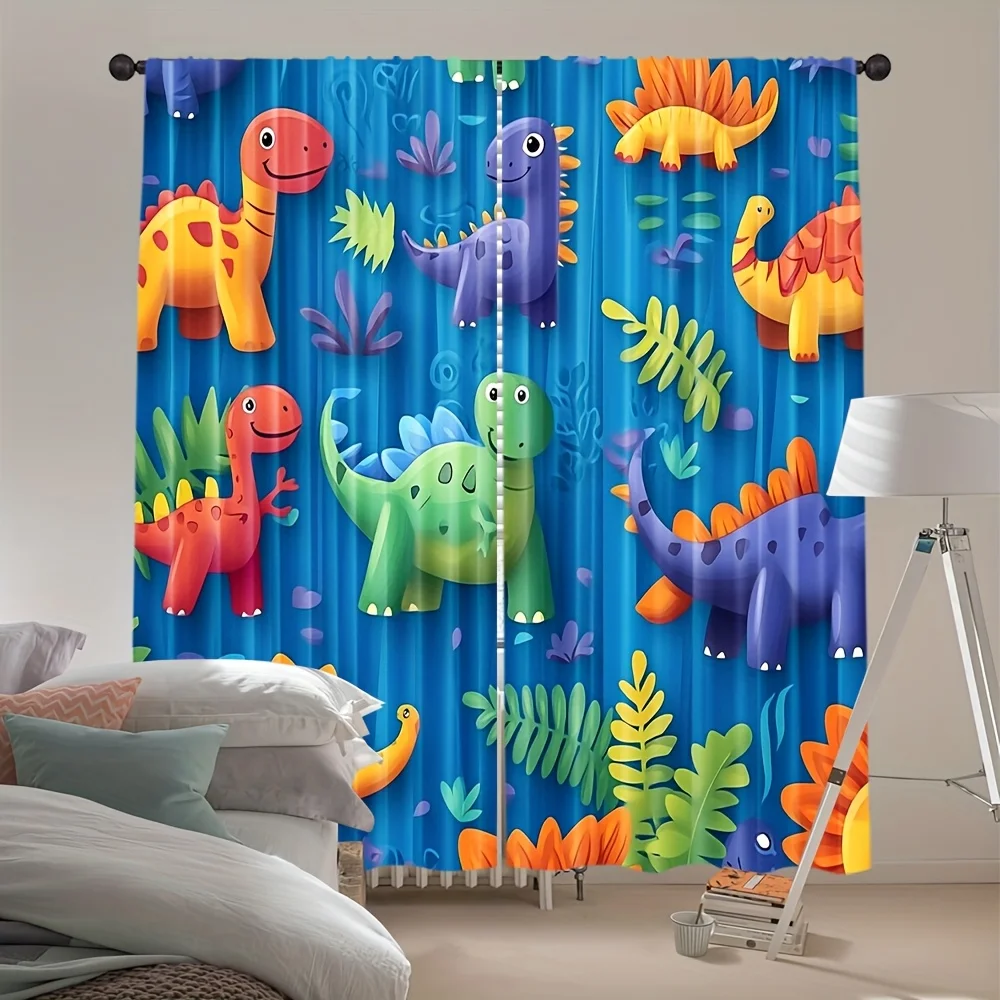 Cartoon Dinosaur Curtain, Colorful Dino Pattern with Ferns on Blue Background, Kids Room Window Drapes for Boys and Girls