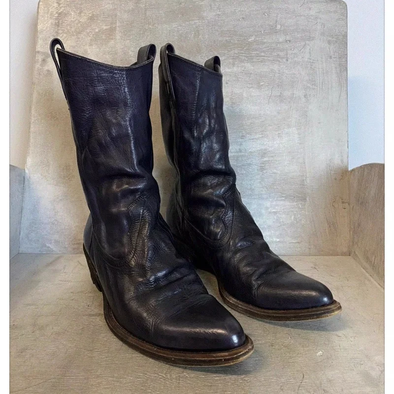 

V-Cut Mid Tube Western Cowboy Boots for Women Retro Pointed Mid Thick Heels Boots Medieval Short Boots Flared Knight Boots