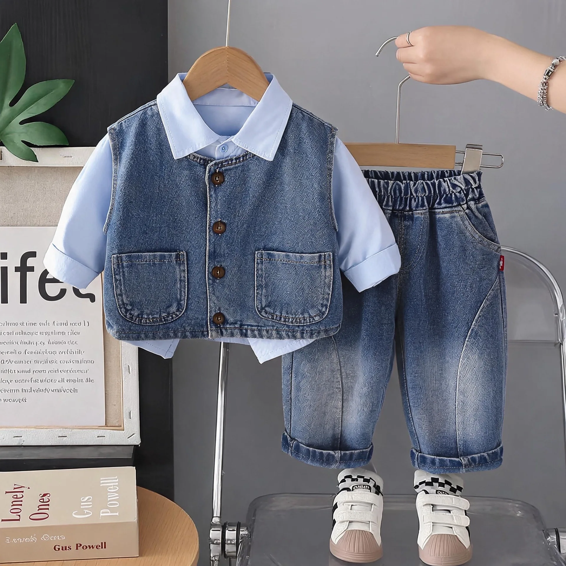 Toddler Boys 3 Piece Outfit Set Kids Clothing 2026 New Baby Boy Clothes Spring Autumn Denim Vest + Shirts + Pants Childrens Suit