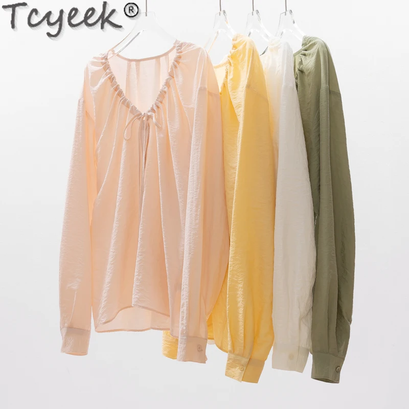 

Tcyeek 76% Mulberry Silk Shirt Womens Tops 2024 Elegant Shirts for Women Solid Color Spring Summer Top Female Sunscreen Clothes