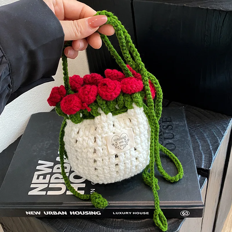 

Rose Handmade Bag in The Season, High-quality Wool Crocheted Messenger Mobile Phone Bag, The First Choice for Life and Fashion