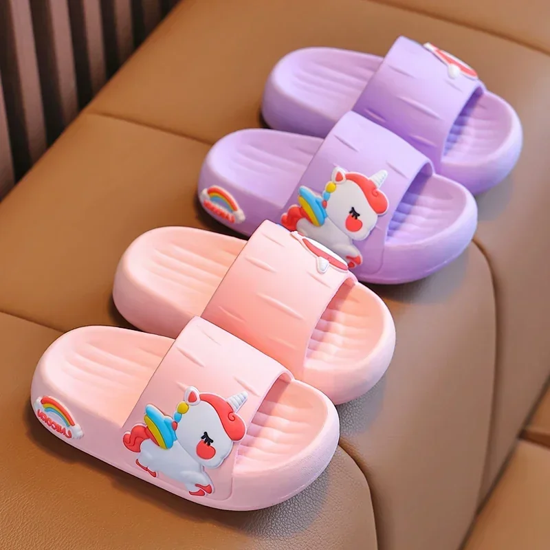 Summer Kids Home Shoes Baby Girls Slippers For 2-8 Years Children Cartoon Unicorn Bathroom Antislip Flip Flops Thick Sole Slides