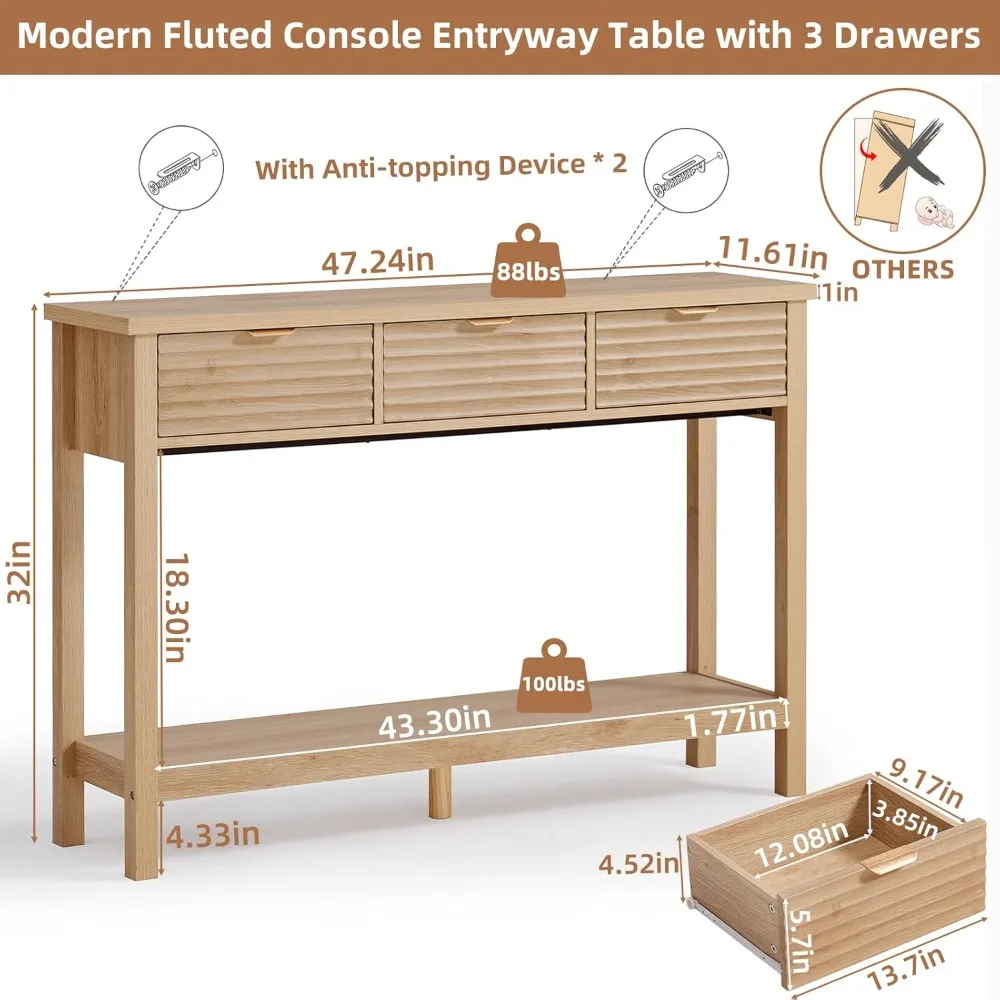 طاولة كونسول مخددة 47.2 مع 3 أدراج، طاولة مدخل خشبية حديثة بطبقتين مع رف تخزين مفتوح، مدخل أريكة بوهو