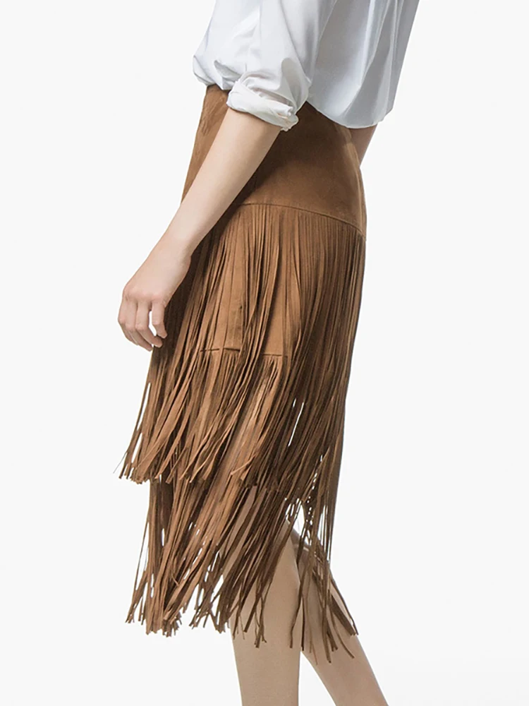 DEAT Fashion Women's Skirt High Waist A-line Tassel Slim Suede Like Velvet Fabric Mid Length Skirts Summer 2024 New Tide 17A5572