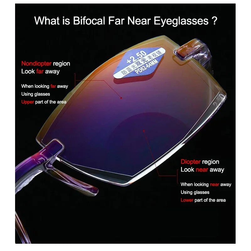 ผู้ชาย Multifocal Rimless แว่นตาอ่านชาย Blue Light Blocking แว่นตา Bifocal สายตายาวแว่นตา Diopters + 1.0 ถึง + 4.0