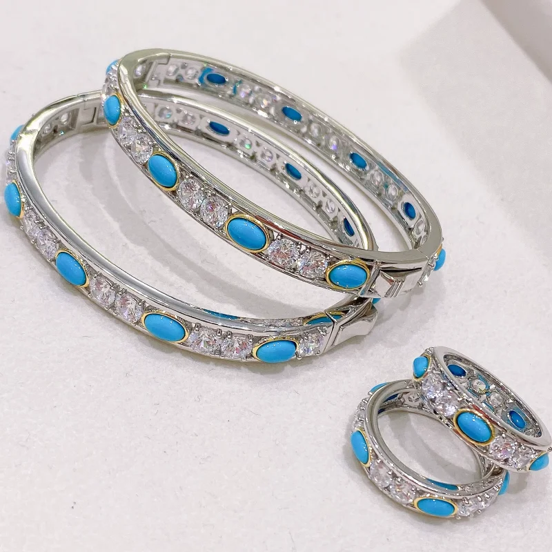 Bellux Fashion 925 Silver Plated Gold Inlaid Zircon Artificial Blue Turquoise Jewelry Craftsmanship Set Bracelet Ring Earrings