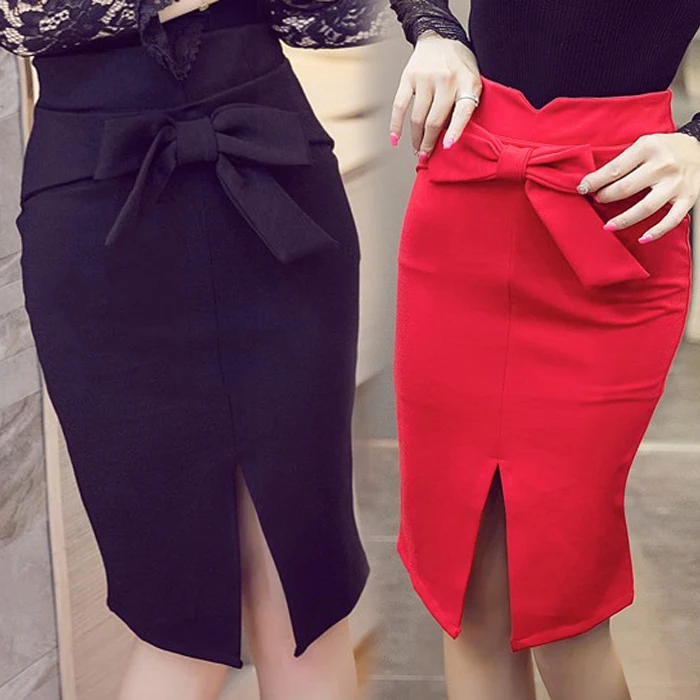 Women Pencil Skirt Knee Length High Waist Elegant Open Slit Bow Skirt S-5XL