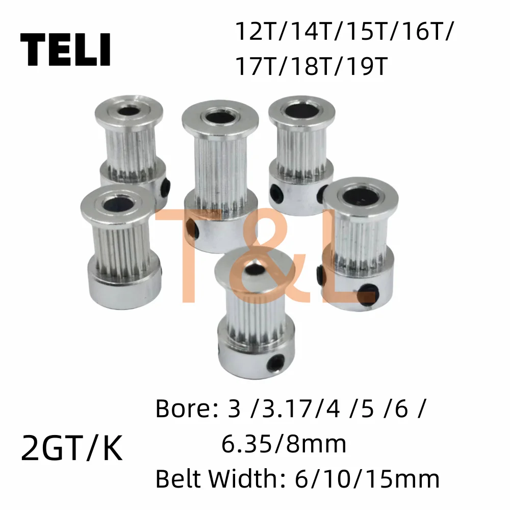 2GT K 12-19Tooth Timing Pulley Bore 3/3.17/4/5/6/6.35/8mm For Width GT2 Timing Belt Width 6mm/10mm/15mm 3D Printer CNC Parts