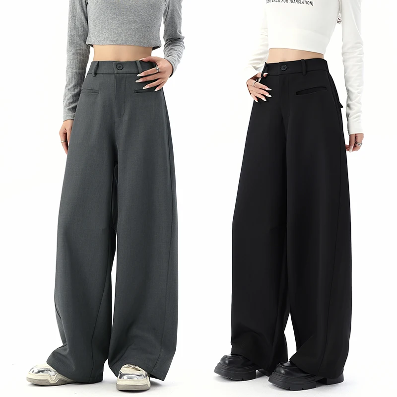 

Женские классические брюки с высокой талией, черные, на молнии, прямые, с множеством карманов, повседневные, элегантные, минималистичные, для офиса, широкие брюки.