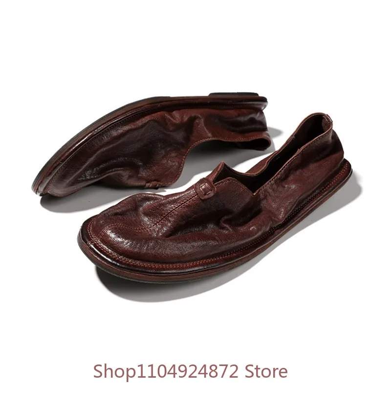 British-style Retro Fisherman Shoes Genuine Leather Loafers Soft Wrinkle Slip on Hand Stitched Vintage Men Casual Flat Shoes