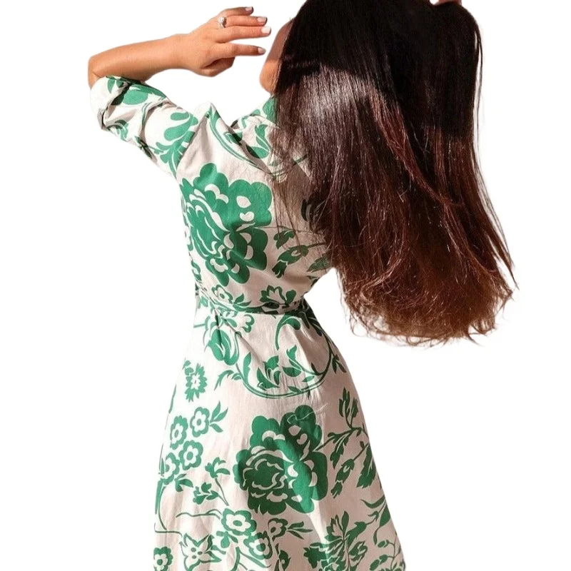 Autumn New Button Down Shirt Dress Long Sleeved Floral Print Beach Skirt