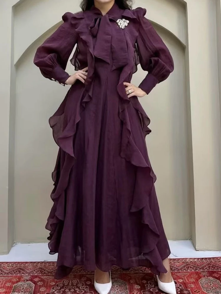 레트로 솔리드 컬러 우아한 허리끈 드레스 2025 가을 여성 신상 패션 긴팔 불규칙 러플 여성 루즈 드레스