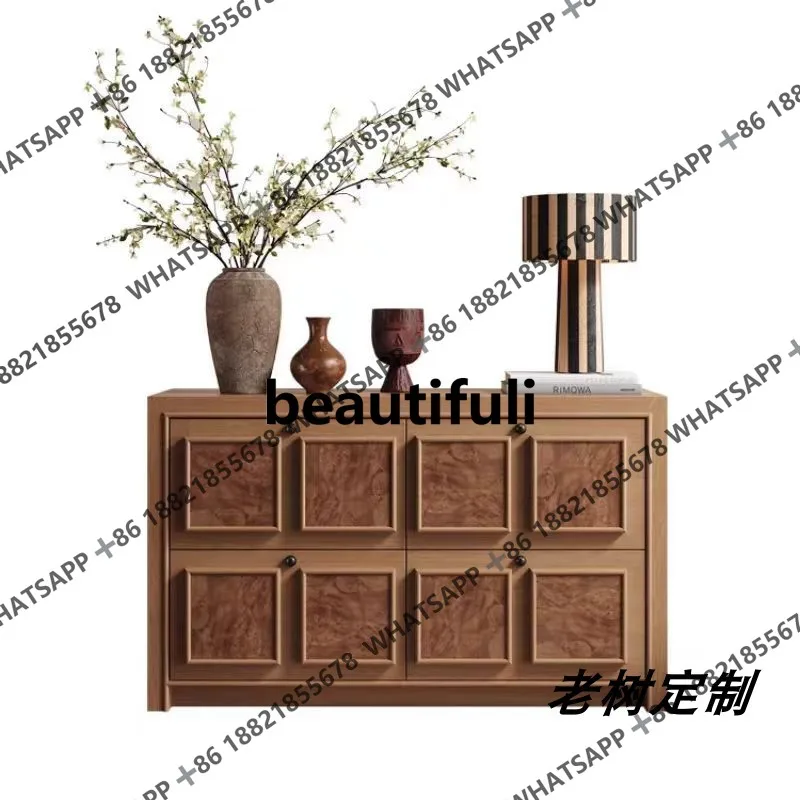 Log color French retro TV cabinet Side cabinet Solid wood carving flower storage decorative cabinet