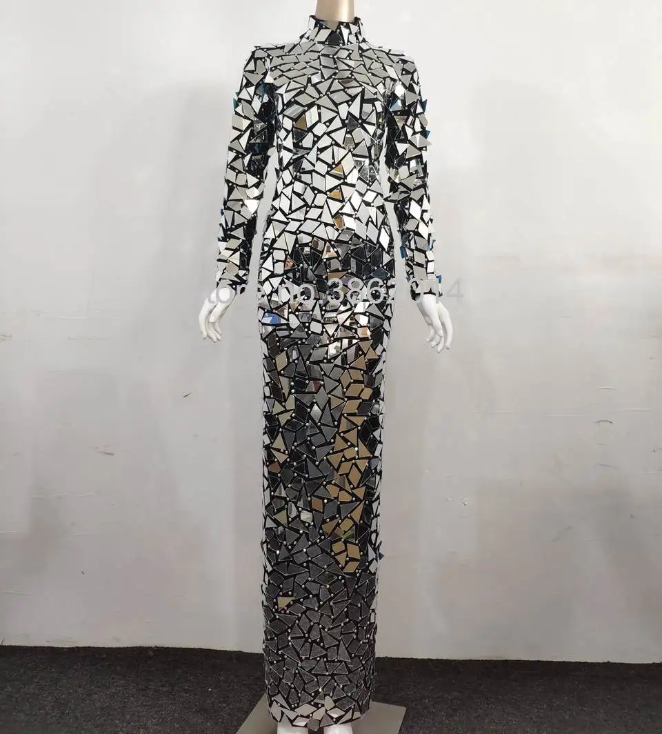 New Design Bling Full Mirrors Rhinestones Long Dress Women Evening Birthday Prom Celebrate Party Tail Dress Black Stage Costume