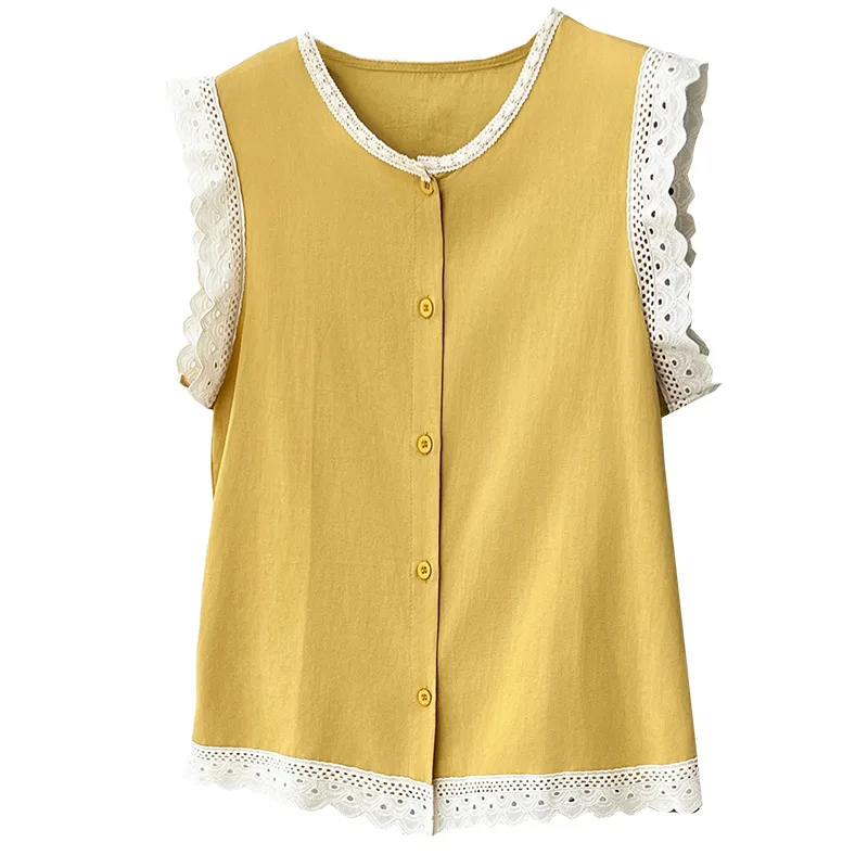 

2026 Summer Plus Size Lace Open Vest Round Neck Simple Slim Daily Sleeveless Tops Curvy Ladies 995