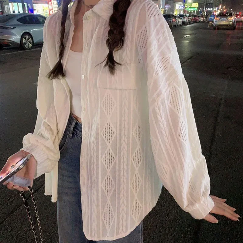 Women Clothing Fashion Hollow Out White Thin Shirts Spring Summer Long Sleeve Turn-down Collar Solid Button Tops Cardigan Coat