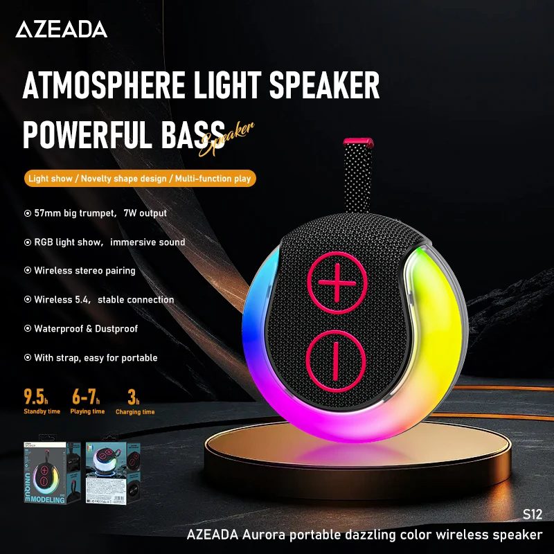 

Портативная мини-колонка Azeada New, портативная, для улицы, с цветной RGB-подсветкой, беспроводная, в подарок, с батареей 1200 мАч