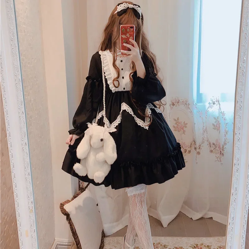 Japon Gotik Lolita Elbise Kadın Kawaii Saray Prenses Yay Dantel Tatlı Elbiseler Vintage Rönesans Peri Parti Elbise Cosplay