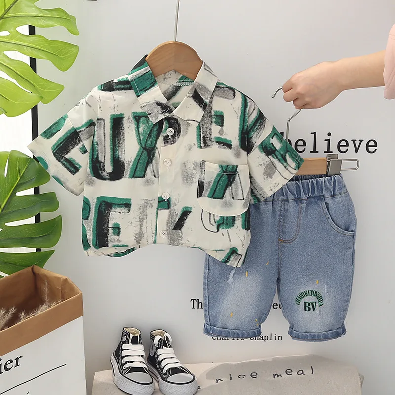 Western Baby Boys Boutique Clothing 2024 Korean Letter Printed Turn-down Collar Short Sleeve Shirts and Shorts Boy Outfit Set