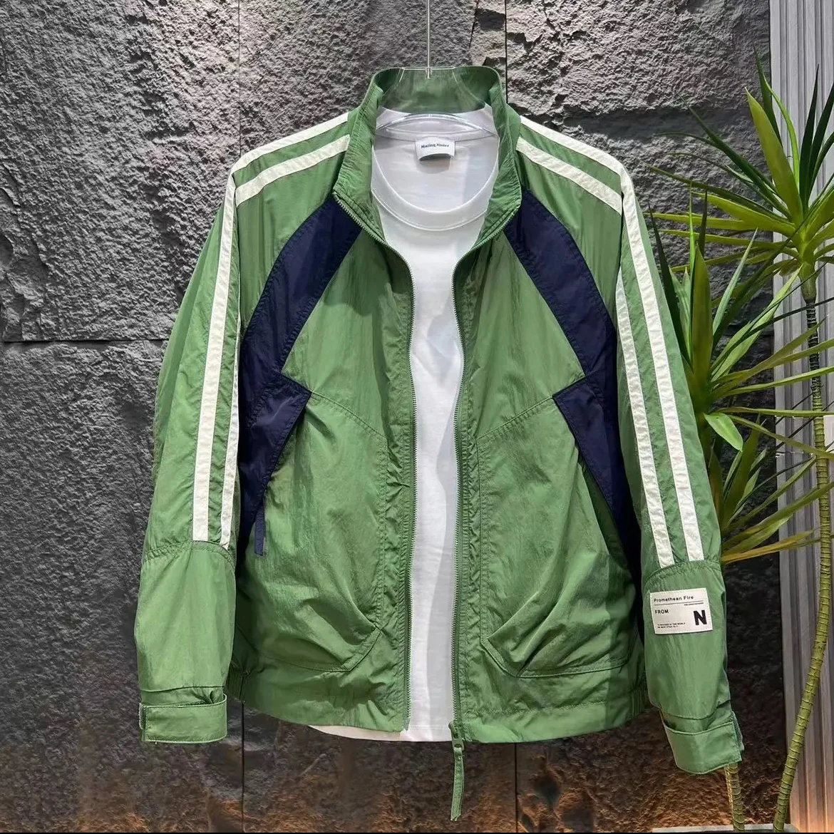 

Spring Autumn Men's Faion Brand Stand Collar Striped Splicing Workwear Jaet Youth Versatile Trendy Windbreaker Coat